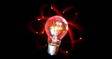 Blinking bulb with electrons flying on orbits around. Idea and innovation concept.