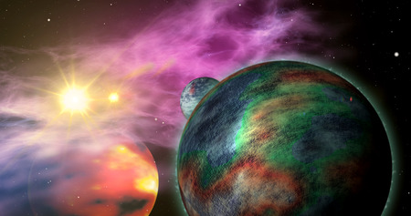 Exoplanets in a distant solar system with nebula clouds in the background. Abstract concept of space planets exploration.の写真素材