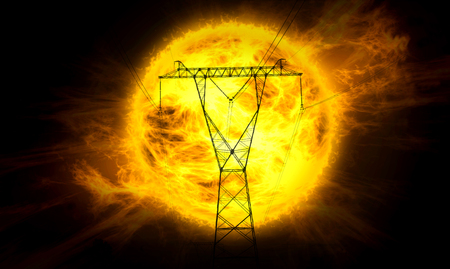 Concept illustration of energy from sun. Electric power tower on big sun and flames in background.