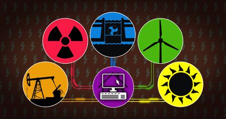 Electricity production and energy consumption concept. Symbols of energy source with icon of solar, wind, hydroelectric, nuclear and fossil fuels technology. Computer.の写真素材