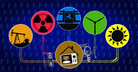 Electricity production and energy consumption concept. Symbols of energy source with icon of solar, wind, hydroelectric, nuclear and fossil fuels technology.の写真素材