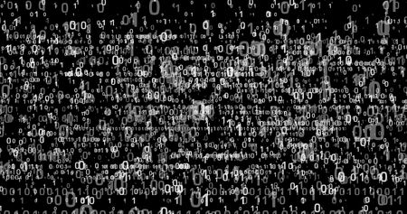 Digital background. Ones and zeros 3d motive. Dynamic digits in perspective view.の写真素材