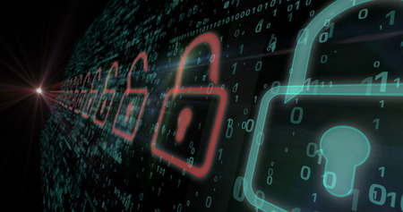 Cyber security concept. Red padlock icon on digital background in 3d perspective view. Symbol of...