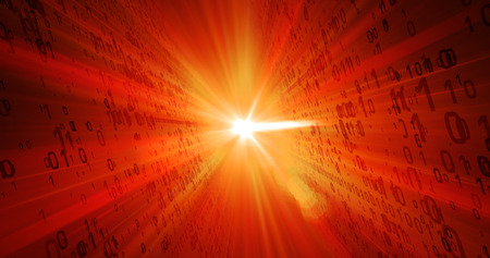 Digital technology concept. Fiery red binary code flying from light source in background. Light rays and dynamic numbers motive.の写真素材