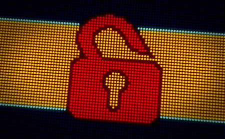 Computer padlock symbol on big LED display with large pixels. Bright light internet icon on lamps...