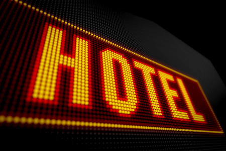 Hotel neon text on big LED display with large pixels. Characters lights 3D illustration.の写真素材