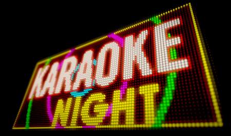 Karaoke night sign neon. Big illuminated letters built of light bulbs LED 3D illustration.の写真素材
