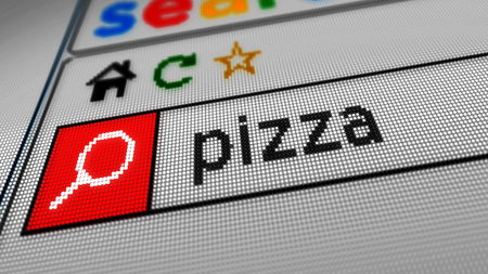Searching for pizza on the Internet. Typing keyword in www browser on computer, smartphone or tablet. Close view of screen display with pixels 3D illustration.の写真素材