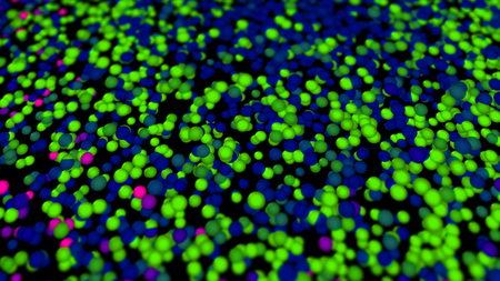 Particles balls abstract background. Flight between multi colored gas molecules 3d illustration.の写真素材