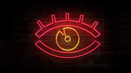 Eye neon modern symbol on brick wall. Flicker watching sign on brick wall background. Spying icon retro style glowing 3D illustration.の写真素材