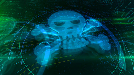 Cyber attack concept with skull and bones sign. Abstract 3D illustration of danger in cyberspace and digital crime.の写真素材