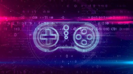 Retro gamepad controller hologram on digital background. 5G, gaming, play, pad and online game...