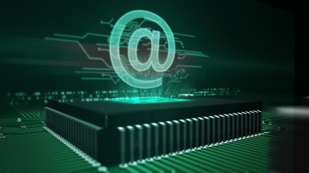 Cyber security concept with at @ mail hologram over working cpu in background. Internet communication, correspondence, message and social media sign 3d illustration. Futuristic circuit board.の写真素材