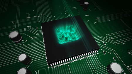 Concept with working cpu in background. Digital computing, server and computer abstract 3d...
