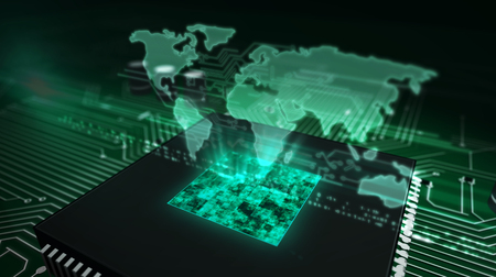Cyber security concept with world map hologram over working cpu in background. Concept of global business, internet communication and social networking. Circuit board with processor 3d illustration.の写真素材