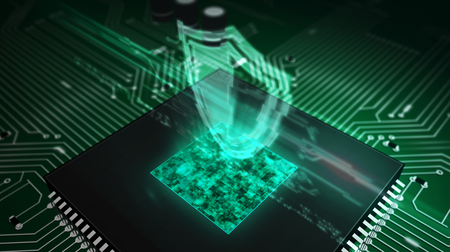 Cyber security concept with shield hologram over working cpu in background. Futuristic circuit board. Digital protection, firewall, cyberspace and computer safety abstract 3d illustration.の写真素材