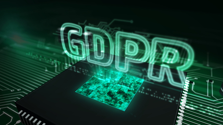 GDPR general data protection regulation act hologram over working cpu in background. Privacy safety in european union concept. Circuit board 3d illustration.の写真素材