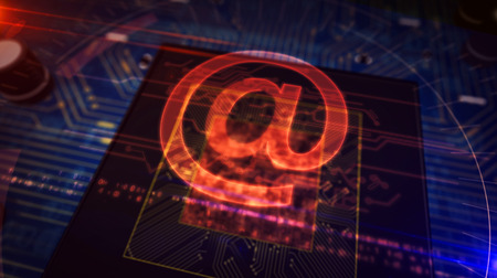 Email address concept with at @ mail hologram display over working cpu in background. Internet communication, message and social media sign 3d illustration. Futuristic circuit board.の写真素材