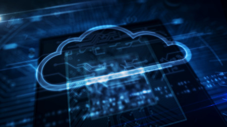 Digital computing concept with cloud hologram display over cpu in background. Cyber security,...