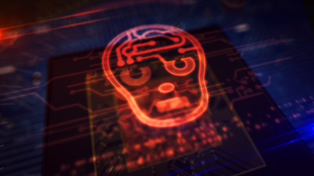 Artificial intelligence concept with ai head hologram display over working cpu in background. Cybernetic brain looping and seamless tunnel abstract animation. Futuristic circuit board 3d illustration.の写真素材