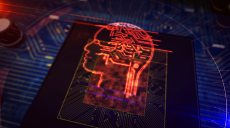 Artificial intelligence, cybernetic brain, analysing and deep machine learning concept with ai head...