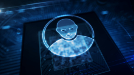 Social media concept with profile head hologram over working cpu in background. Concept of privacy protection, networking and identity in cyberspace. Circuit board 3d illustration.の写真素材