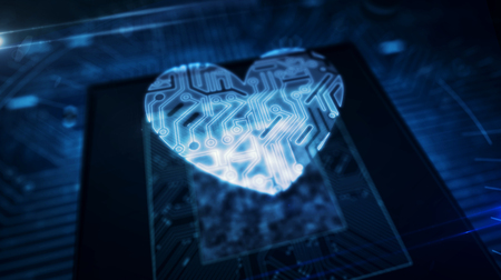 Love and health concept with heart hologram over working cpu in background. Romantic, cyber dating,...