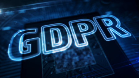 GDPR general data protection regulation act with face icon on digital background. Privacy safety in european union concept animation. Circuit board 3d illustration.の写真素材