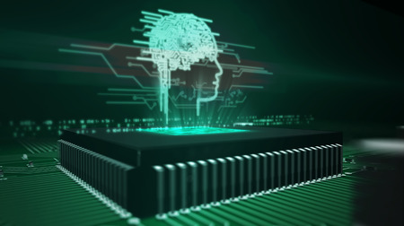 Artificial intelligence with cybernetic brain hologram over working processor in background. Modern digital technology 3d illustration.の写真素材