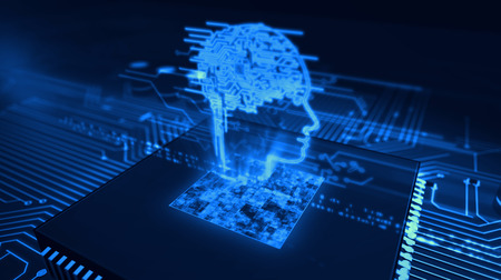 Artificial intelligence with cybernetic brain hologram over working processor in background. Modern digital technology 3d illustration.の写真素材