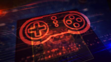 Gamepad hologram over working cpu in background. Futuristic circuit board 3d illustration. Concept of create and coding game, video gaming and online play.の写真素材