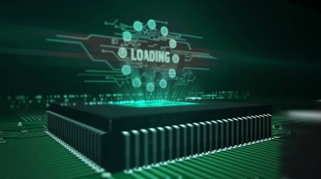 Loading hologram on over working cpu in background. Futuristic concept 3d illustration.の写真素材