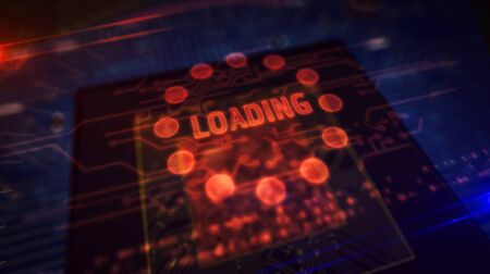 Loading hologram on over working cpu in background. Futuristic concept 3d illustration.の写真素材