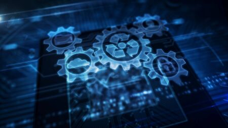 Data management glowing hologram over working cpu in background. Modern and futuristic concept of files storage, cyber security, computing cloud and digital access 3d illustration.の写真素材