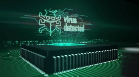 Virus detected hologram over working cpu in background. Worm, cyber attack, antivirus, firewall alert and danger warning concept. Futuristic 3d illustration with circuit board.の写真素材