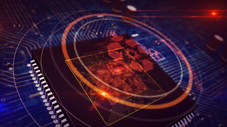 Data management glowing hologram over working cpu in background. Modern and futuristic concept of files storage, cyber security, computing cloud and digital access 3d illustration.の写真素材