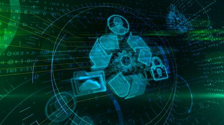 Data managment hologram on dynamic futuristic background. Modern and futuristic concept of files storage, cyber security, computer using and digital protection 3d illustration.の写真素材