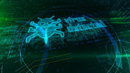 Virus detected hologram on digital background. Danger alert, antivirus, cyber attack, worm infection and warning abstract concept. Futuristic 3d illustration.の写真素材