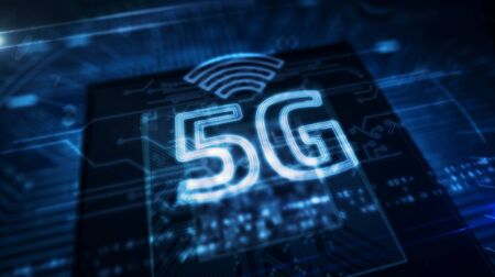 5G hologram over working cpu on circuit board in background. 5G, new technology, communication, streaming transmission and mobile internet concept 3d illustration.の写真素材