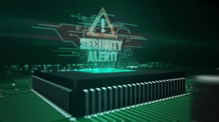Security alert glowing hologram over working cpu in background. Cyber attack, computer security, warning sign and digital protection modern and futuristic concept 3D illustration.の写真素材