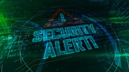 Security alert hologram intro on dynamic background. Modern and futuristic concept of cyber attack, computer security, warning sign and digital protection 3d illustration.の写真素材