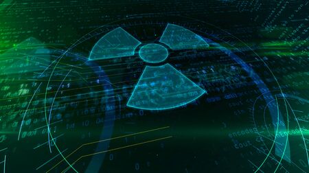 Cyber war with nuclear symbol hologram intro on futuristic background. Modern concept of nuclear power, science, energy, radioactive danger and digital weapon 3d illustration.の写真素材