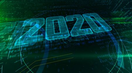 2020 Year of innovation hologram intro on dynamic digital background. Modern and futuristic concept 3d illustration.の写真素材
