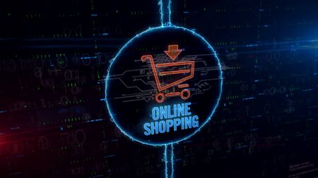 Shopping cart symbol hologram in dynamic circle on digital background. Modern concept of online sales, internet business, network marketing and e-commerce with light and glitch 3d illustration.の写真素材
