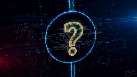 Question mark symbol hologram in dynamic electric circle on digital background. Modern concept of information, knowledge, faq, searching, help and education with light and glitch 3d illustration.の写真素材
