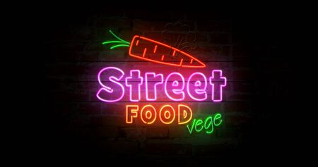 Street food vege neon symbol on brick wall. Light bulbs with vegetarian food and green leaf symbol 3d illustration.の写真素材
