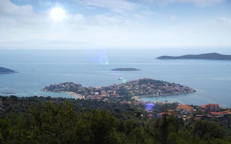 Sevid, Croatia, 19 august 2019 panorama view with boats on sea. Old mediterranean travel destination and vacation in sunny day.の写真素材