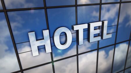 Hotel sign on glass building. Mirrored sky and city on modern facade. Travel concept in 3D rendering illustration.の写真素材