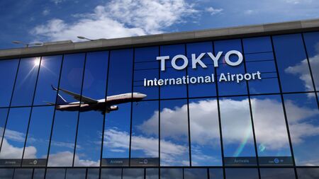 Jet aircraft landing at Tokyo, Japan 3D rendering illustration. Arrival in the city with the glass airport terminal and reflection of the plane. Travel, business, tourism and transport concept.の写真素材