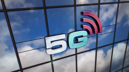5G sign on glass building. Mirrored sky and city on modern skycraper facade. Mobile communication,...